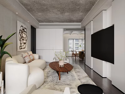 Modern Open Living Dining Area With White Sofa Coffee Table Abstract Painting And Potted Plant 3d model