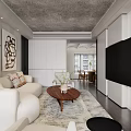 Modern Open Living Dining Area With White Sofa Coffee Table Abstract Painting And Potted Plant