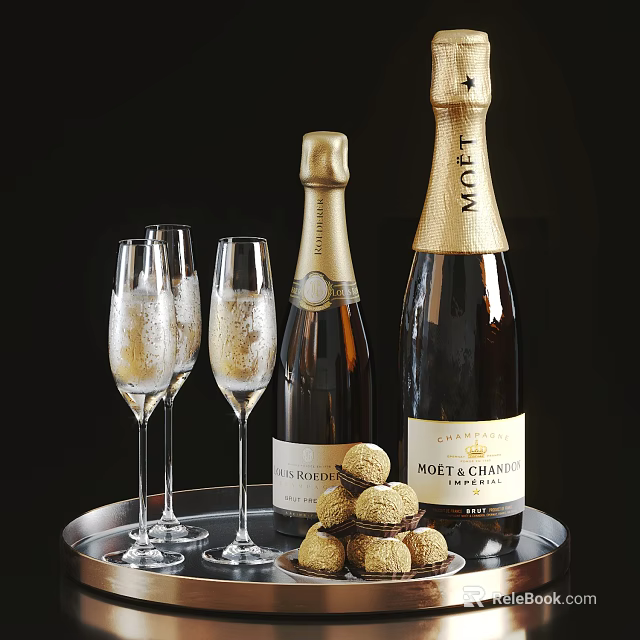 Moët Chandon Champagne Bottles and Flute Glasses on a Tray with Chocolates and Bubbly Drinks 3d model 