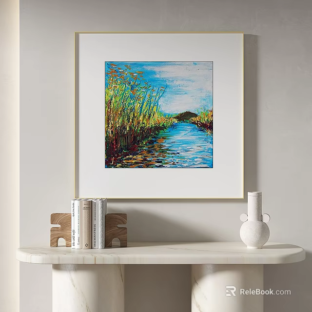 Modern Abstract Painting With Blue Water Green Grass And Sky Elements 3d model