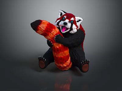 Red Panda Plush Toy Sitting Holding Ringed Tail With Open Mouth And Red Eyes 3d model