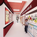 Kid Learning Fire Safety Equipment In Red Exhibition Room With Extinguishers