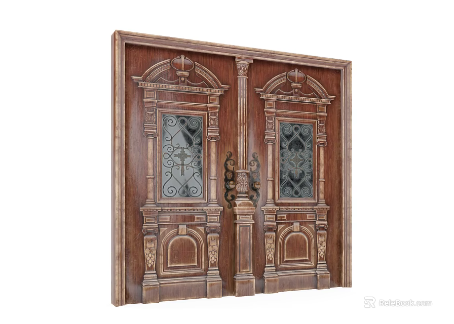 Traditional Wooden Double Doors With Intricate Carved Designs Glass Panels And Metal Handles 3d model 