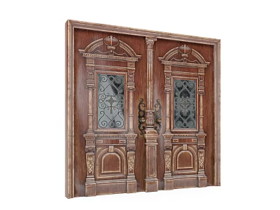 Traditional Wooden Double Doors With Intricate Carved Designs Glass Panels And Metal Handles 3d model