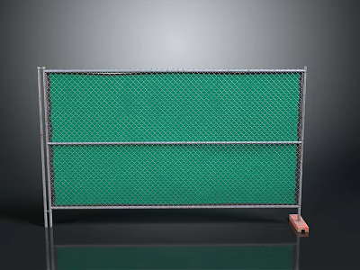 Green Mesh Fence With Metal Frame And Orange Support Stand On Gray Background 3d model