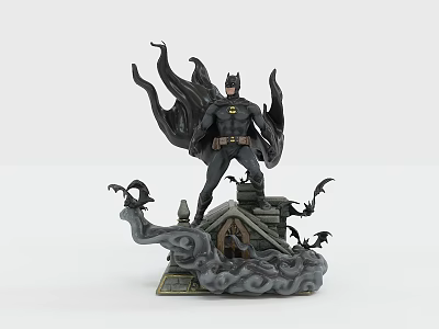 Batman Statue Figure With Flowing Cape Standing On Rooftop And Bats Around Cloudy Base 3d model