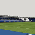 Modern Football Stadium With Green Turf White Roofed Terraces And Blue Running Track