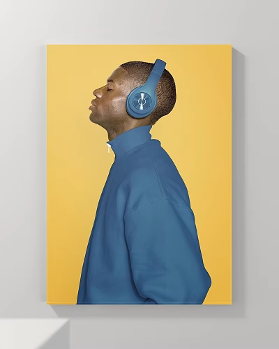 Portrait of a Man Wearing Blue Headphones and Blue Turtleneck Sweater Against Yellow Background 3d model