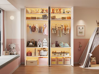 Cozy Kids Room with Double Door Wardrobe Hanging Clothes Stuffed Toys Storage Boxes and Teepee Tent 3d model