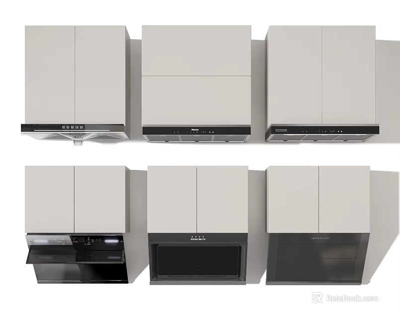Modern White Cabinet Style Kitchen Appliances Including Range Hood Microwave Oven 3d model 