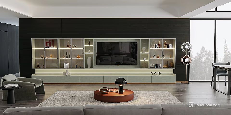 Modern Living Room With TV Wall Display Shelves And Round Coffee Table 3d model 