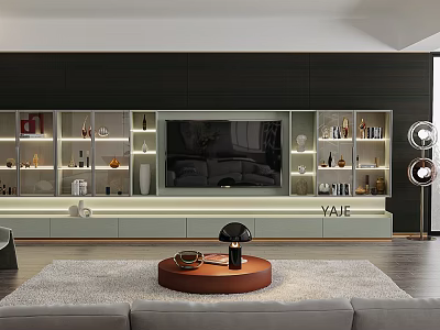 Modern Living Room With TV Wall Display Shelves And Round Coffee Table 3d model