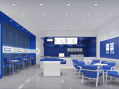 Modern Blue And White Milk Tea Shop Interior With Counter Tables Chairs And Menu Screens 3d model
