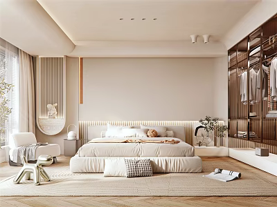 Modern Bedroom Interior Design With King Size Bed Built In Wardrobe And Soft Rug 3d model