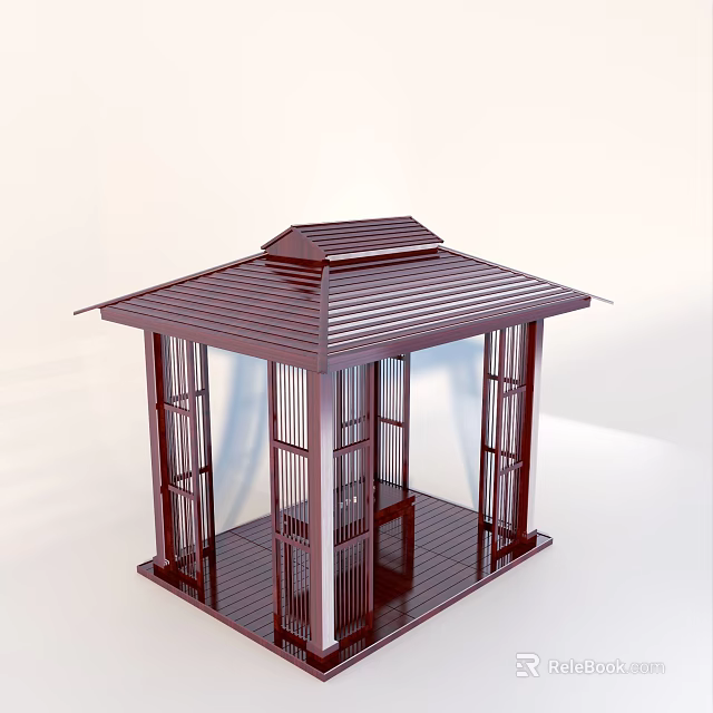 Red Wooden Pavilion Chinese Style Structure With Lattice Windows And Roof Design 3d model 
