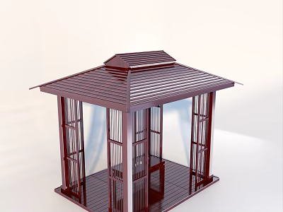 Red Wooden Pavilion Chinese Style Structure With Lattice Windows And Roof Design 3d model