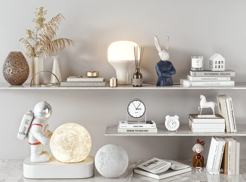 Decorative Ornament Combination with Astronaut Moon Lamp Rabbit Figurine Books and Clock 3d model 