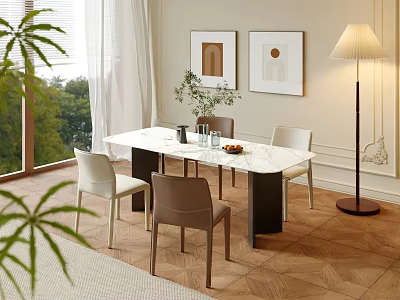 Modern Dining Table And Chairs Set With Green Plants Wall Art Floor Lamp And Window 3d model