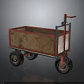 Wooden Cart with Red Frame Handle Worn Body and Four Wheels Vintage Style