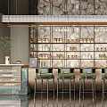 Modern Bar Interior With Stone Wall Glass Bottle Shelves High Stools And Wooden Counter