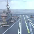 Naval Aircraft Carrier Sailing On Open Sea With Flight Deck And Military Gear