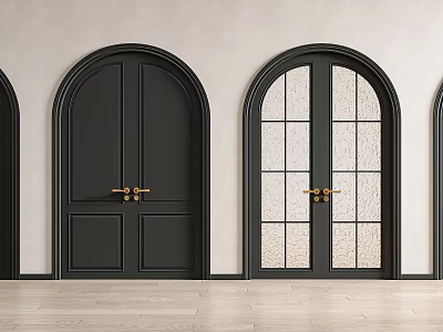 Black Arched Double Doors With Golden Handles And Glass Panels Interior 3d model