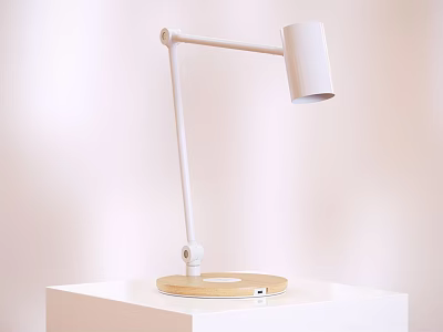 Modern White Desk Lamp With Adjustable Arm And Wooden Base Design 3d model