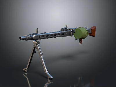Vintage Machine Gun Weapon With Tripod Stand Ventilated Barrel Green Magazine And Wooden Stock 3d model