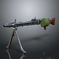 Vintage Machine Gun Weapon With Tripod Stand Ventilated Barrel Green Magazine And Wooden Stock