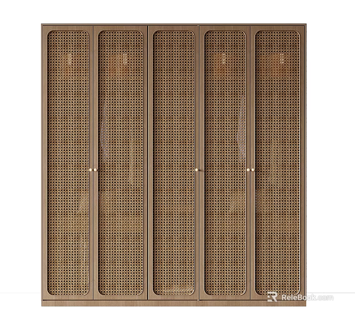 Brown Wooden Five Door Wardrobe With Lattice Design Panel Doors For Home 3d model 