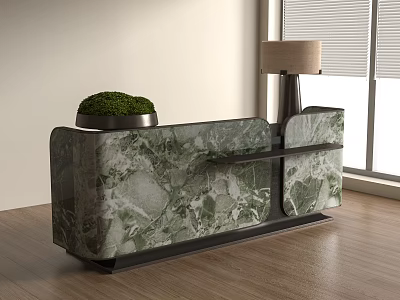 Green Marble Reception Desk with Black Frame and Green Plant Lamp Near Window Wooden Floor 3d model