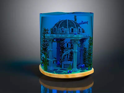 Cartoon Underwater Scene Transparent Cube Container With Dome Structure Columns Statue Plants On Wooden Base 3d model