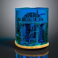 Cartoon Underwater Scene Transparent Cube Container With Dome Structure Columns Statue Plants On Wooden Base