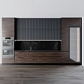 Modern Kitchen Interior With Dark Cabinets Island Black Countertop Range Hood And Glass Door Cabinet