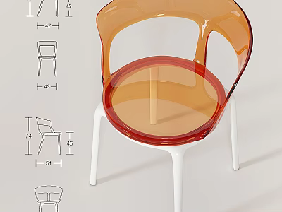 Modern Orange Transparent Acrylic Leisure Chair With White Legs And Armrest Design 3d model