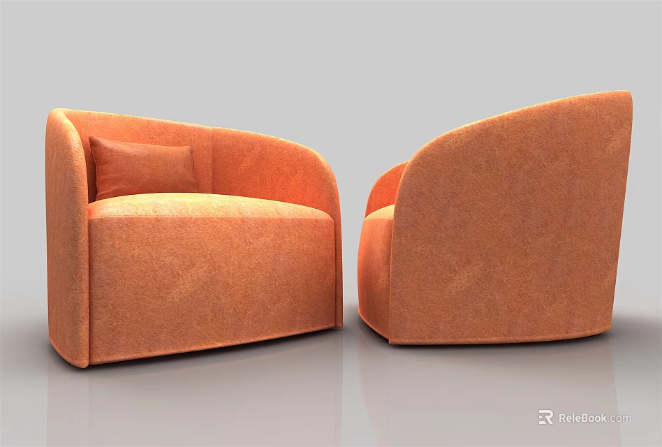Two Orange Modern Rounded Armchairs With Soft Fabric And Decorative Pillow 3d model
