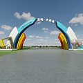 Colorful Arch Shaped Activity Gateway With Human Figure Sculptures Balloons And Songhewan