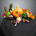 Colorful Assorted Fresh Fruits Display With Pineapple Apple Strawberry Orange And Grape On Black Cloth