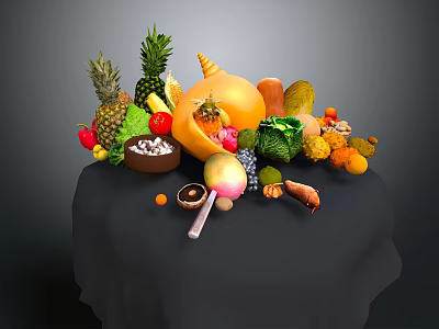 Colorful Assorted Fresh Fruits Display With Pineapple Apple Strawberry Orange And Grape On Black Cloth 3d model