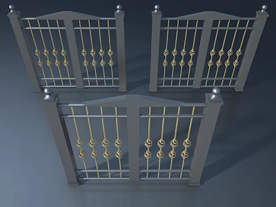 Ornamental Metal Swing Doors With Golden Decorative Spheres And Silver Frames 3d model