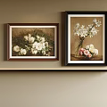 Framed Floral Oil Paintings Hanging on Beige Wall with Shelf