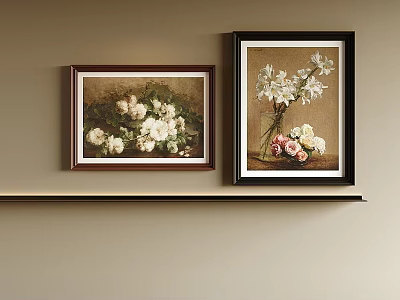 Framed Floral Oil Paintings Hanging on Beige Wall with Shelf 3d model