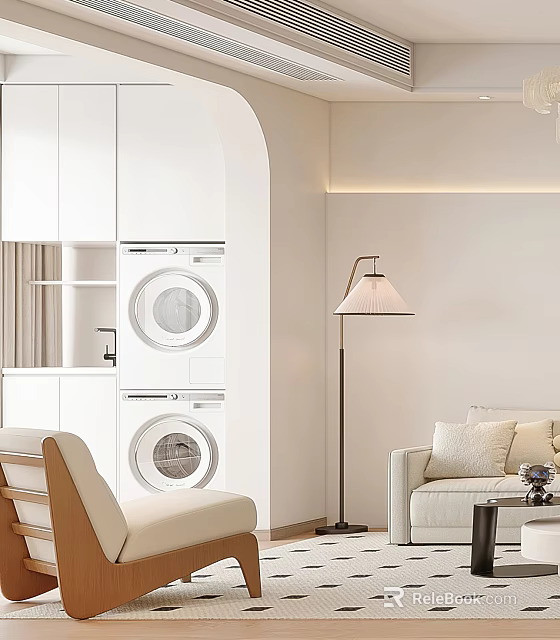 Modern White Accent Chair In Minimalist Living Space With Floor Lamp And White Sofa 3d model 