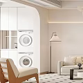 Modern White Accent Chair In Minimalist Living Space With Floor Lamp And White Sofa