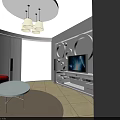 Modern Living Room Interior With Red Curved Sofa White TV Cabinet And Round Coffee Table
