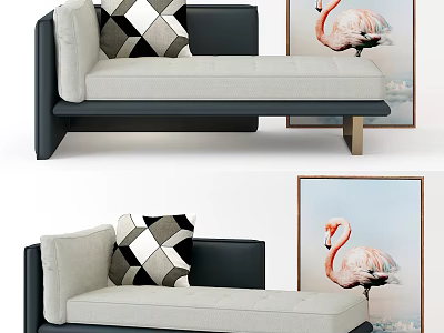 Modern Light Gray And Black Chaise Lounge With Plaid Pillow And Flamingo Decorative Painting 3d model