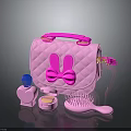 Cute Pink Quilted Handbag With Bunny Ear Bow And Cosmetic Items