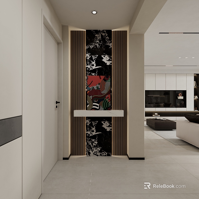 Modern Foyer Hallway With Artistic Wall Decor And Wooden Accents 3d model 