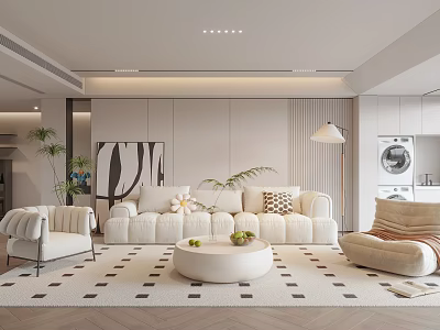 Elegant Modern Living Room Interior With White Sofa Round Coffee Table And Geometric Rug 3d model