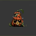 Pumpkin Themed Game Character With Green Leaves Red Orange Body Yellow Fangs Metal Parts And Vines